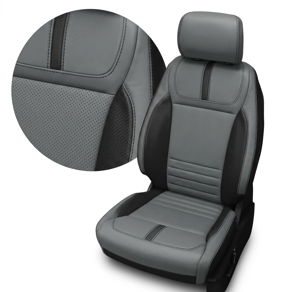 Close-up product image of a 2021–2026 Ford F-150 XLT Leatherteck seat cover on a white background, featuring black main bolsters with Lunar Grey front-facing perforated insert panels, black perforated accent side panels, and black contrast stitching; a circular zoom inset highlights the perforation pattern, material grain, and stitched seam detail.
