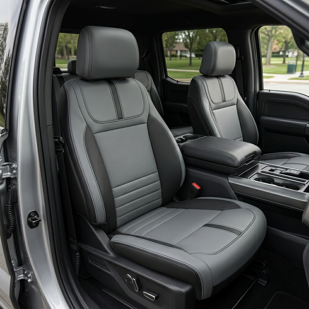 Front in-cabin view of a 2021–2026 Ford F-150 XLT with Leatherteck seat covers in black featuring Lunar Grey front-facing perforated insert panels, black perforated accent side panels, and black contrast stitching, shown from the open driver-side door with both front bucket seats and the center console with armrest and cupholders visible.