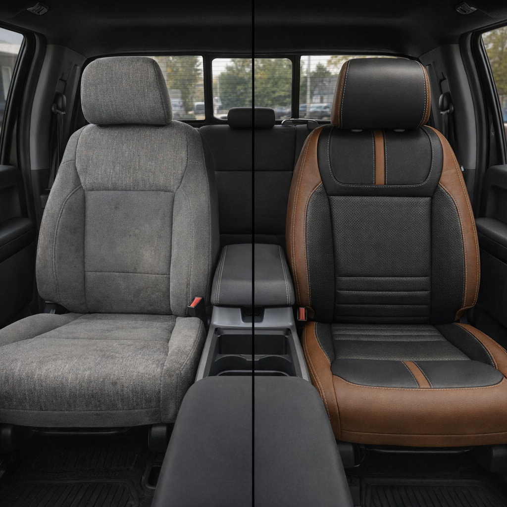 Before-and-after split front in-cabin view of a 2021–2026 Ford F-150 XLT: left shows the factory gray cloth front seat, while right shows the upgraded Leatherteck seat cover in Mahogany Brown with black perforated center inserts, black perforated accent panels, and Lunar Grey contrast stitching, with the center console and cupholders visible between the seats.