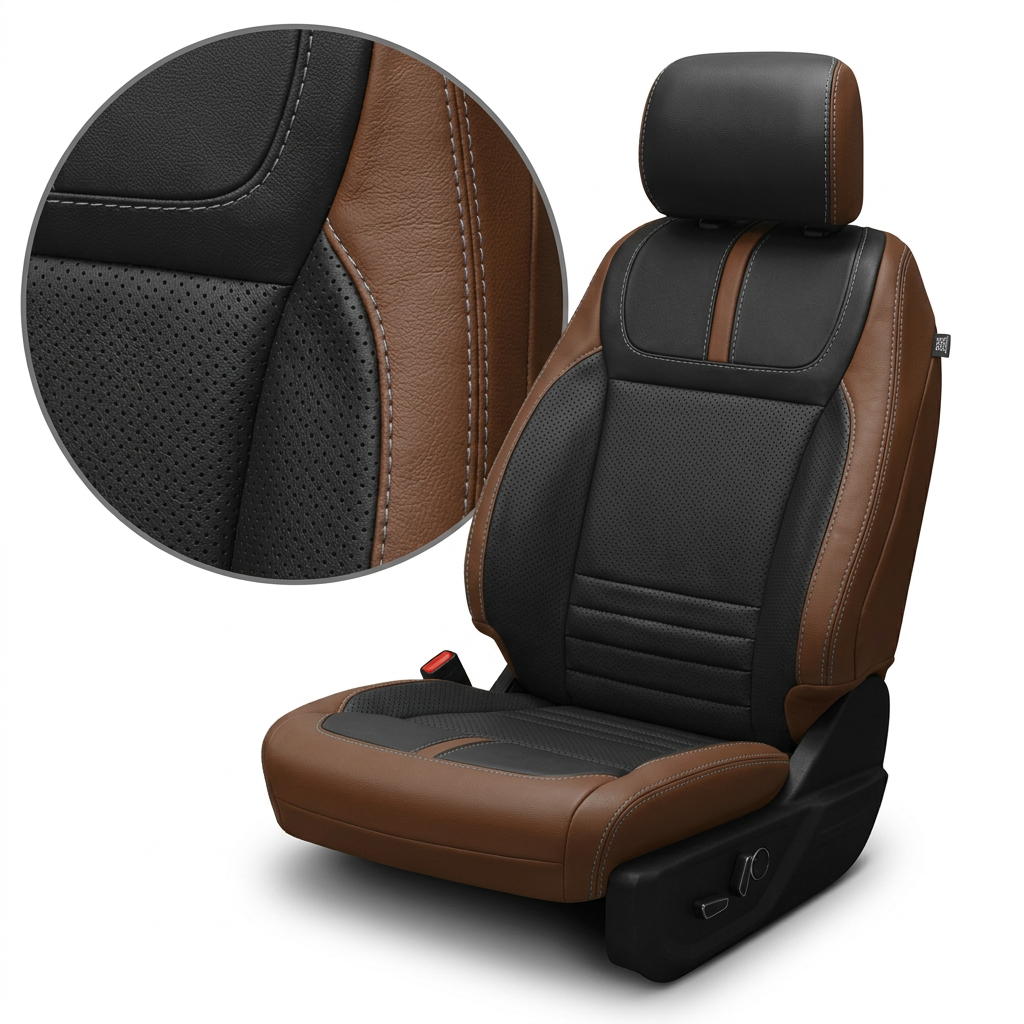 Close-up product image of a 2021–2026 Ford F-150 XLT Leatherteck seat cover on a white background, featuring Mahogany Brown outer bolsters with black perforated center inserts and black perforated accent panels, finished with Lunar Grey contrast stitching; a circular zoom inset highlights the perforation pattern, material grain, and stitched seam detail.