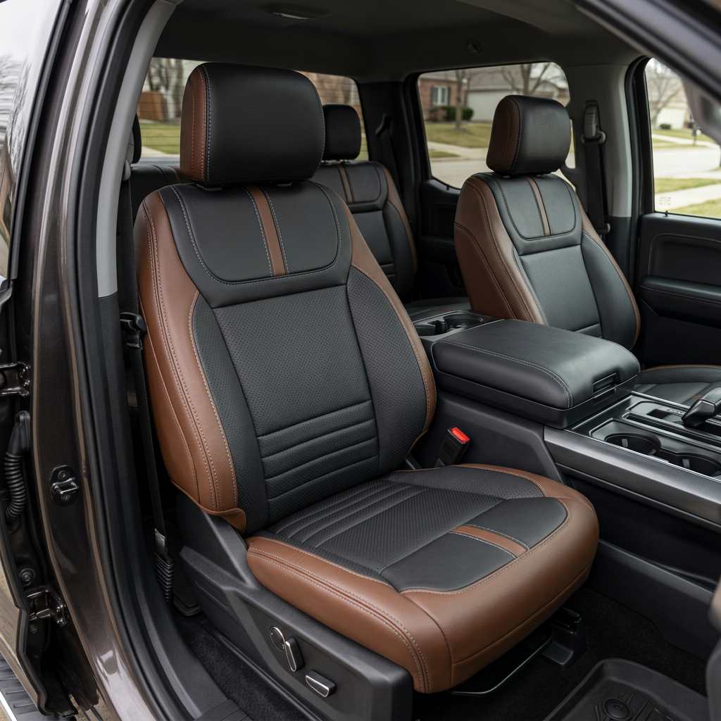 Front in-cabin view of a 2021–2026 Ford F-150 XLT with Leatherteck seat covers installed in Mahogany Brown with black perforated center inserts, black perforated accent panels, and Lunar Grey contrast stitching, shown from the open driver-side door with the front bucket seats, center console/cupholders, and rear bench seat visible.