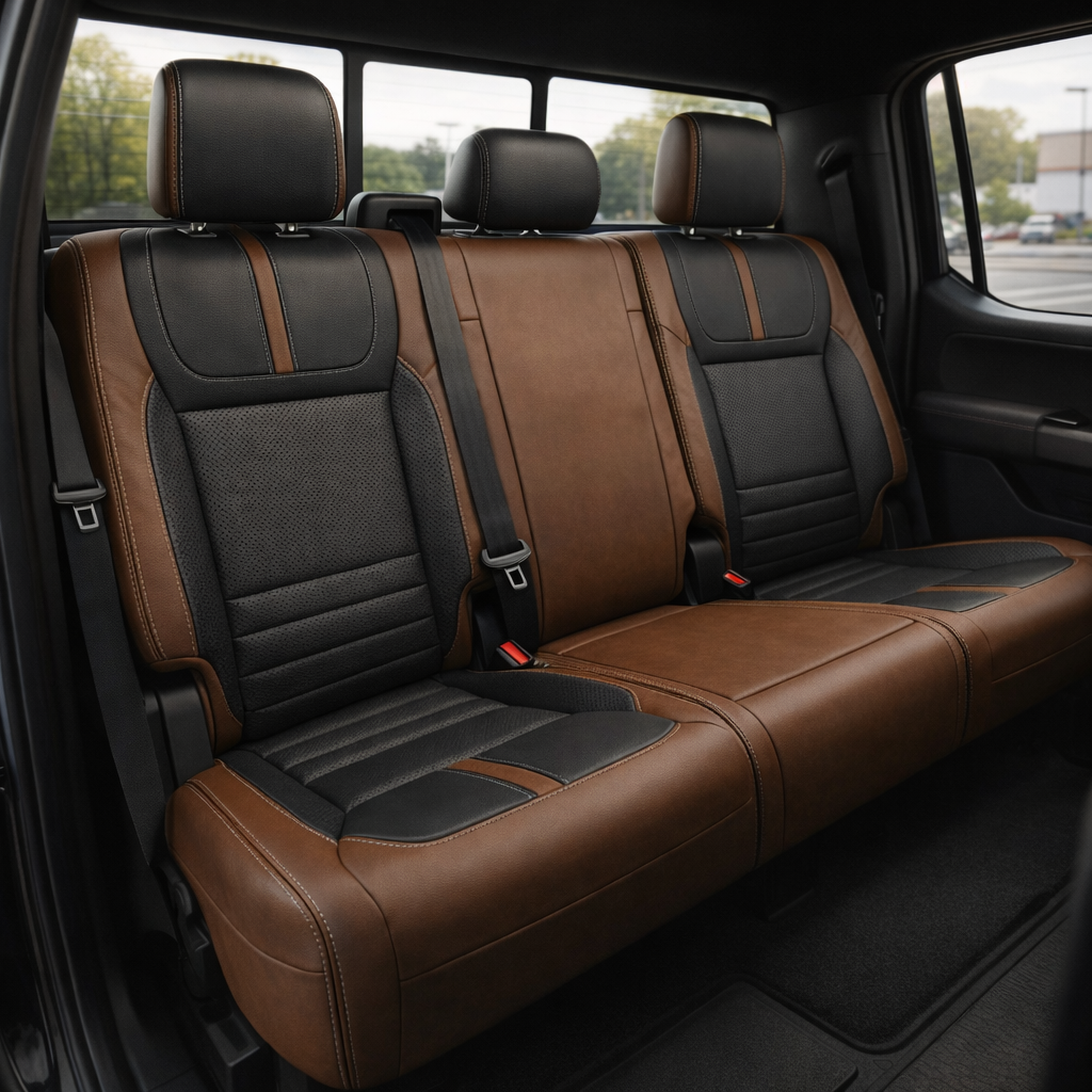 Rear in-cabin view of a 2021–2026 Ford F-150 XLT showing the Leatherteck rear bench seat covers in Mahogany Brown with black perforated center inserts, black perforated accent panels, and Lunar Grey contrast stitching, with three headrests, seatbelts/buckles, and the rear door panel and window visible.