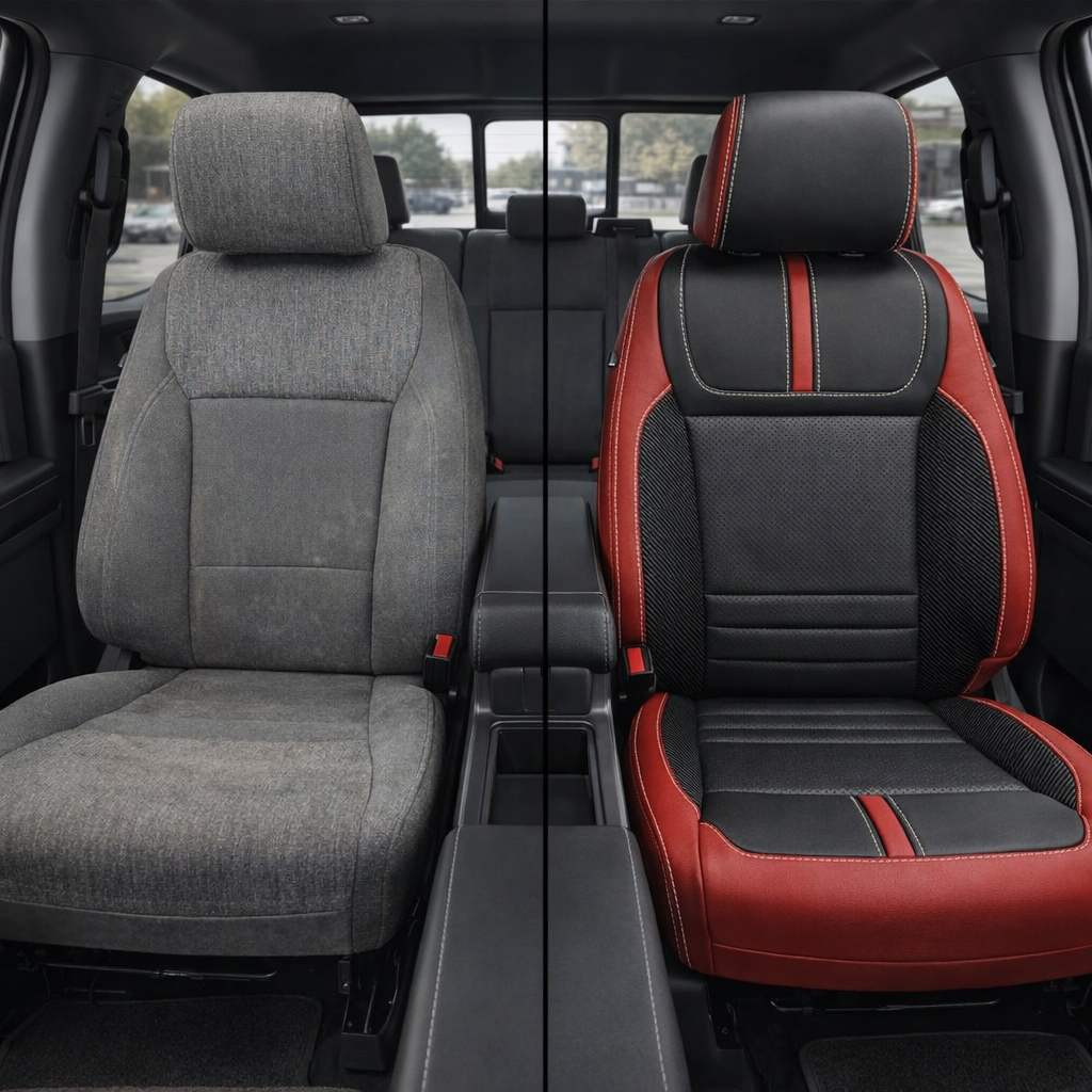 Before-and-after split front in-cabin view of a 2021–2026 Ford F-150 XLT: left shows the factory gray cloth front seat, while right shows the upgraded Leatherteck seat cover in red with black perforated center inserts, Carbon Shadow vinyl accent panels, and Pearl White contrast stitching, with the center console and cupholders visible between the seats.