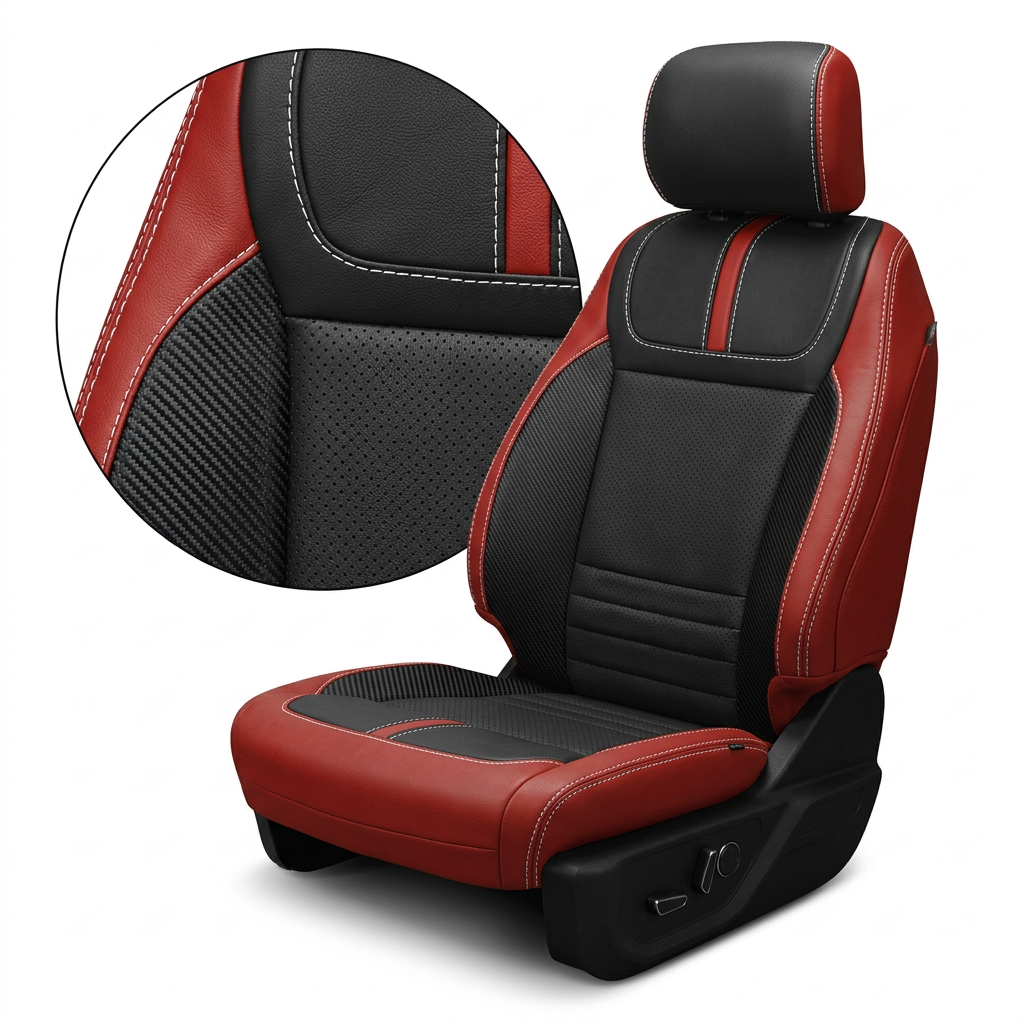 Close-up product image of a 2021–2026 Ford F-150 XLT Leatherteck seat cover on a white background, featuring red main panels with black perforated center inserts, Carbon Shadow vinyl accent panels, and Pearl White contrast stitching; a circular zoom inset highlights the carbon-texture grain, perforation pattern, and stitched seam detail.