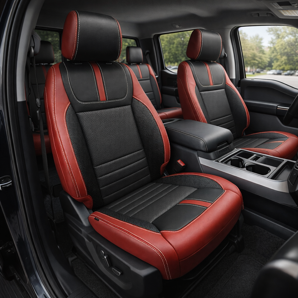Front in-cabin view of a 2021–2026 Ford F-150 XLT with Leatherteck seat covers installed in red with black perforated center inserts, Carbon Shadow vinyl accent panels, and Pearl White contrast stitching, shown from the open driver-side door with the front bucket seats, center console/cupholders, and rear bench seat visible.