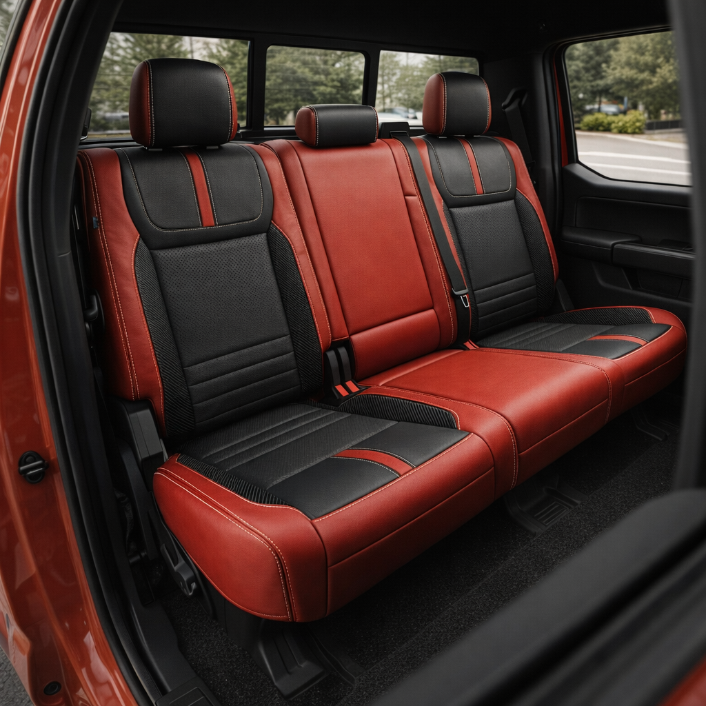 Rear in-cabin view of a 2021–2026 Ford F-150 XLT showing Leatherteck rear bench seat covers in red with black perforated center inserts, Carbon Shadow vinyl accent panels, and Pearl White contrast stitching, with three headrests, seatbelts/buckles, and the rear door panel and window visible.