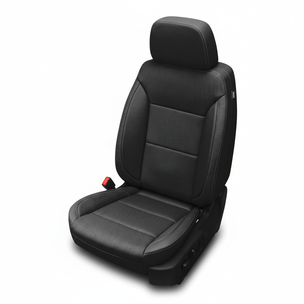 Black leather car seat with perforated center panels on a white background.
