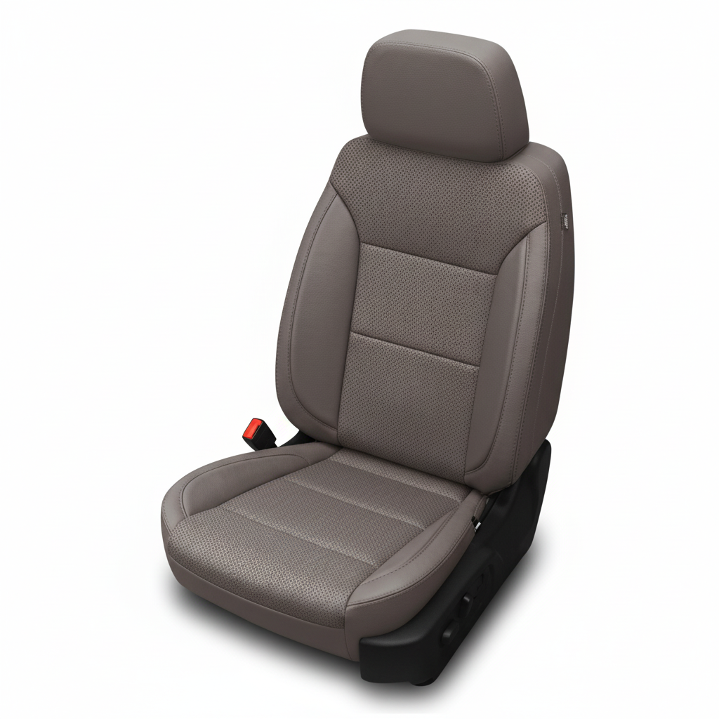 Platinum gray leather car seat with perforated center panels on a white background.
