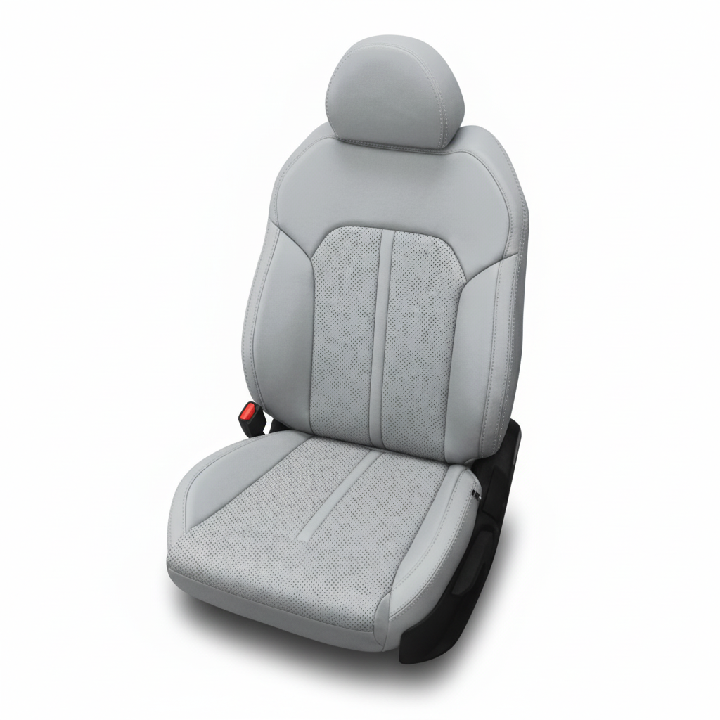 Light gray leather car seat with perforated inserts on a white background.
