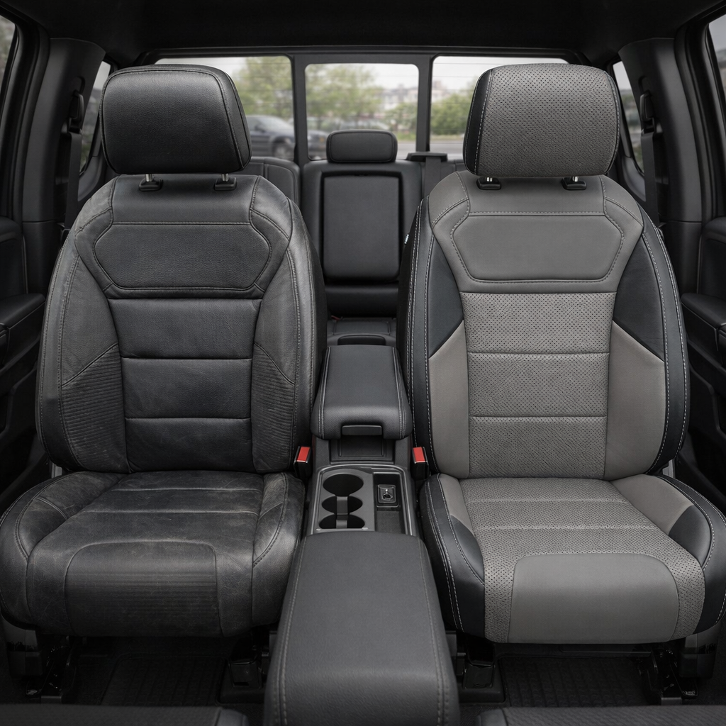 Before-and-after front in-cabin view of a 2021–2026 Ford F-150 Raptor split down the middle: left shows the original dark cloth front seat, while right shows the upgraded Leatherteck seat cover in black with ash grey center inserts featuring perforated combination inserts, ash grey accent panels, and silver contrast stitching, with the center console and cupholders visible between the seats and the rear bench in the background.