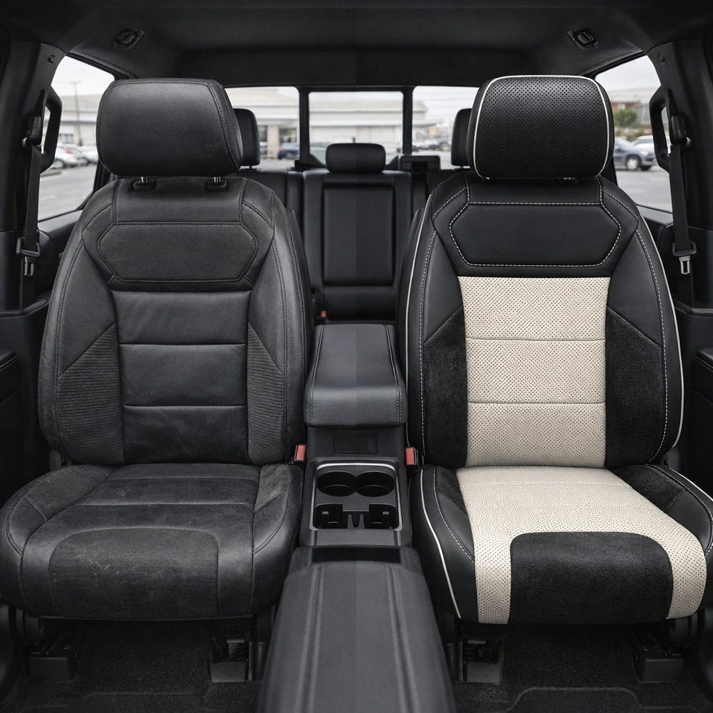 Before-and-after front in-cabin view of a 2021–2026 Ford F-150 Raptor split down the middle: left shows the original dark cloth front seat, while right shows the upgraded Leatherteck seat cover in black with pearl white perforated combination center inserts, black automotive suede accent panels, and pearl white contrast stitching with pearl white piping, with the center console/cupholders between the seats and the rear bench visible in the background.