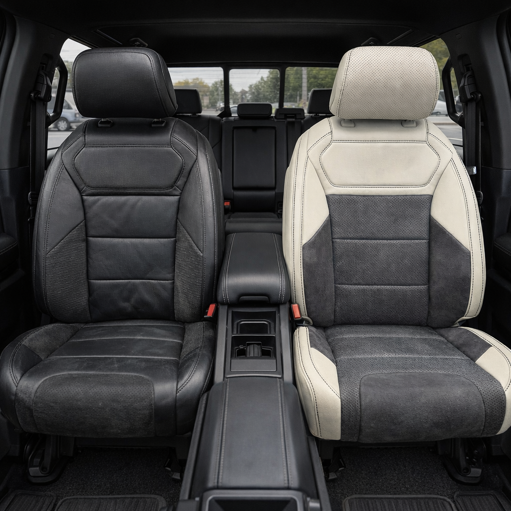 Before-and-after front in-cabin view of a 2021–2026 Ford F-150 Raptor split down the middle: left shows the original black factory seat, while right shows the upgraded Leatherteck seat cover in pearl white with Dark Slate Grey automotive suede perforated combination inserts and matching suede accent panels, finished with light grey contrast stitching, with the center console/cupholders between the seats and the rear bench visible in the background.