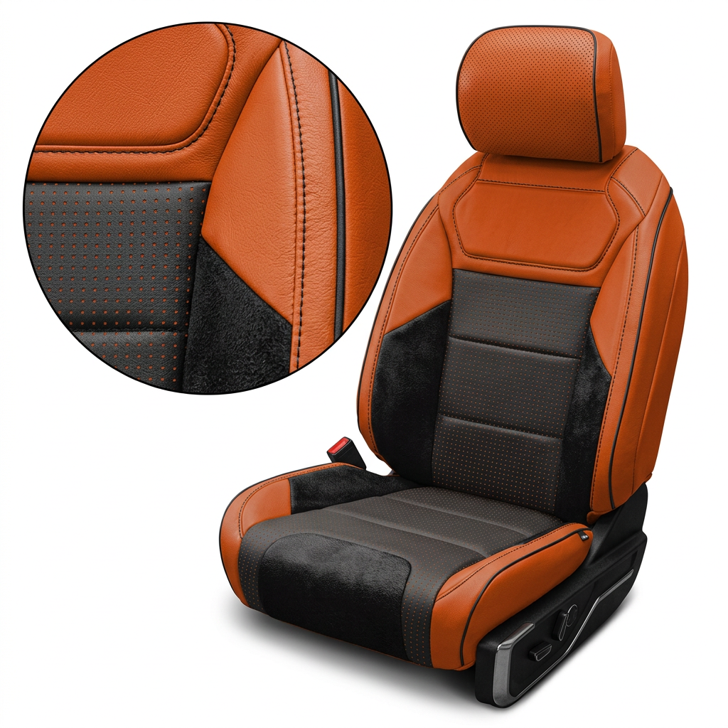 Close-up product image of a 2021–2026 Ford F-150 Raptor Leatherteck leather seat cover on a white background, featuring tangerine orange outer bolsters with square-perforated orange combination inserts, black automotive suede accent panels, and contrast stitching with piping; a circular zoom inset highlights the perforation pattern, suede texture, and stitched seam/piping detail.