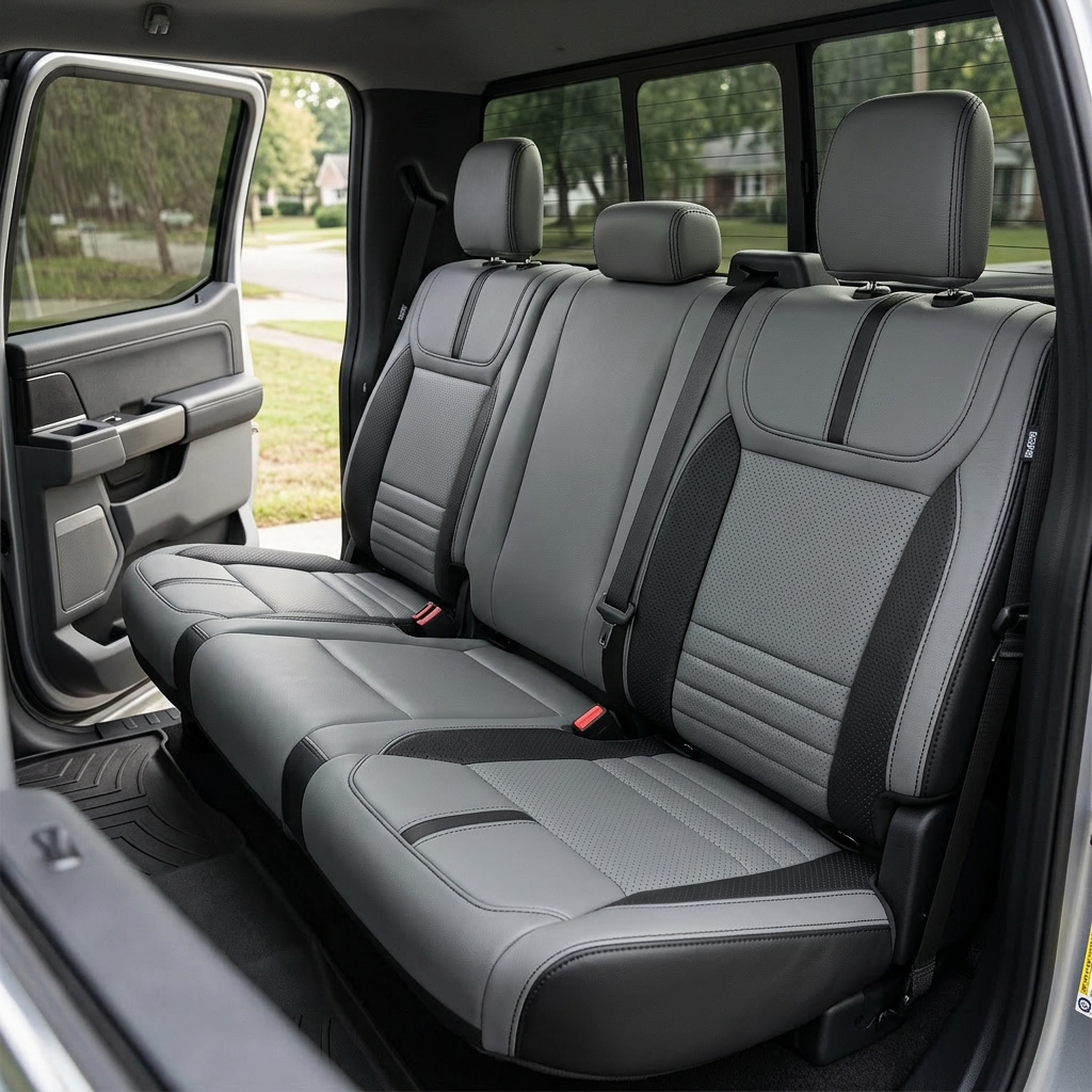 Rear in-cabin view of a 2021–2026 Ford F-150 XLT showing Leatherteck rear bench seat covers in black with Lunar Grey front-facing perforated insert panels, black perforated accent side panels, and black contrast stitching, with the rear door open, three headrests, seatbelts/buckles, and the rear window visible behind the seat.