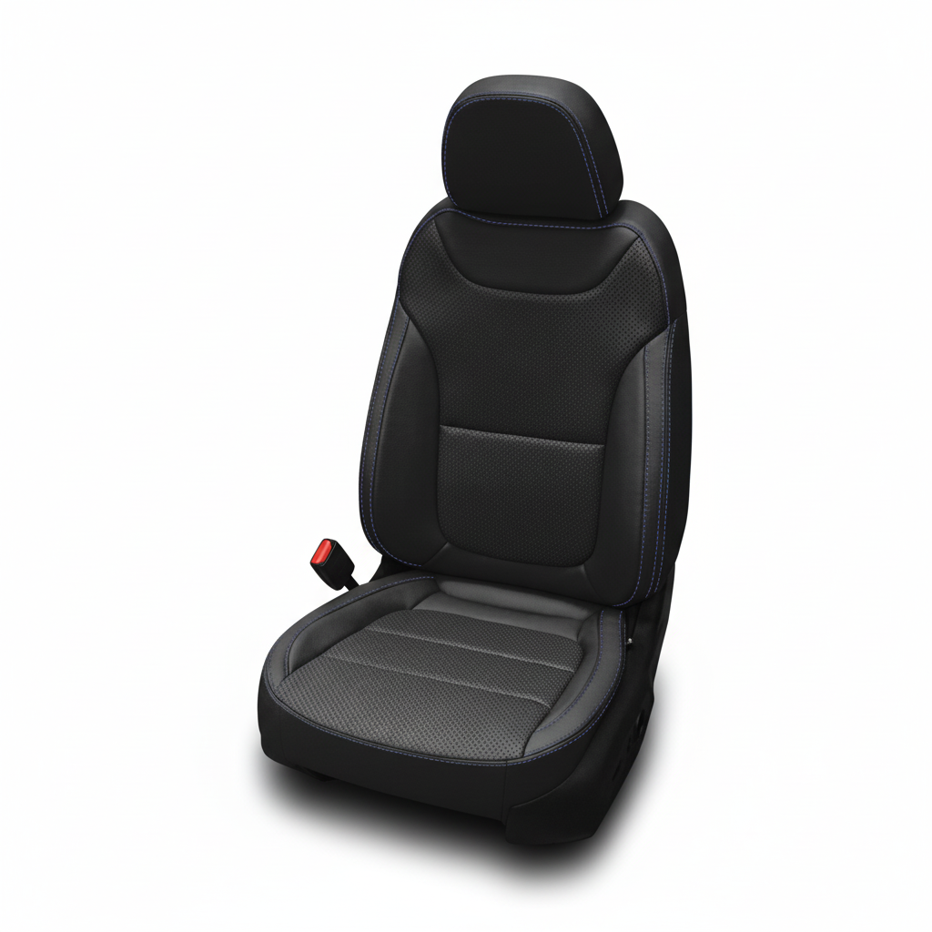 Black perforated leather car seat with blue contrast stitching on a white background.
