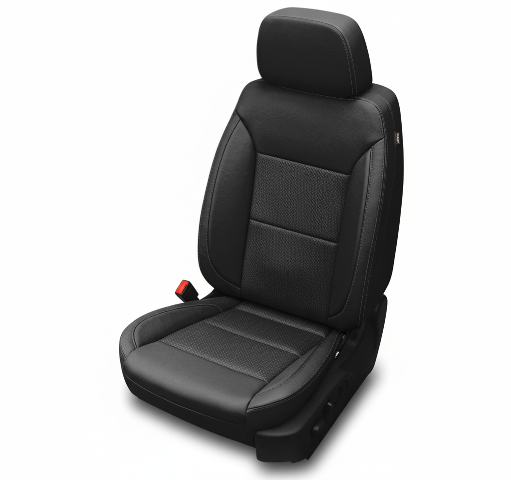 Black leather car seat with perforated center and contrast stitching on a white background.

