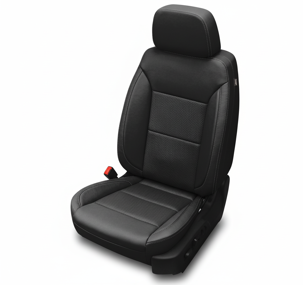 Black leather car seat with perforated center and contrast stitching on a white background.
