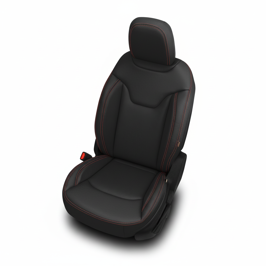 Black car seat with red stitching on a white background
