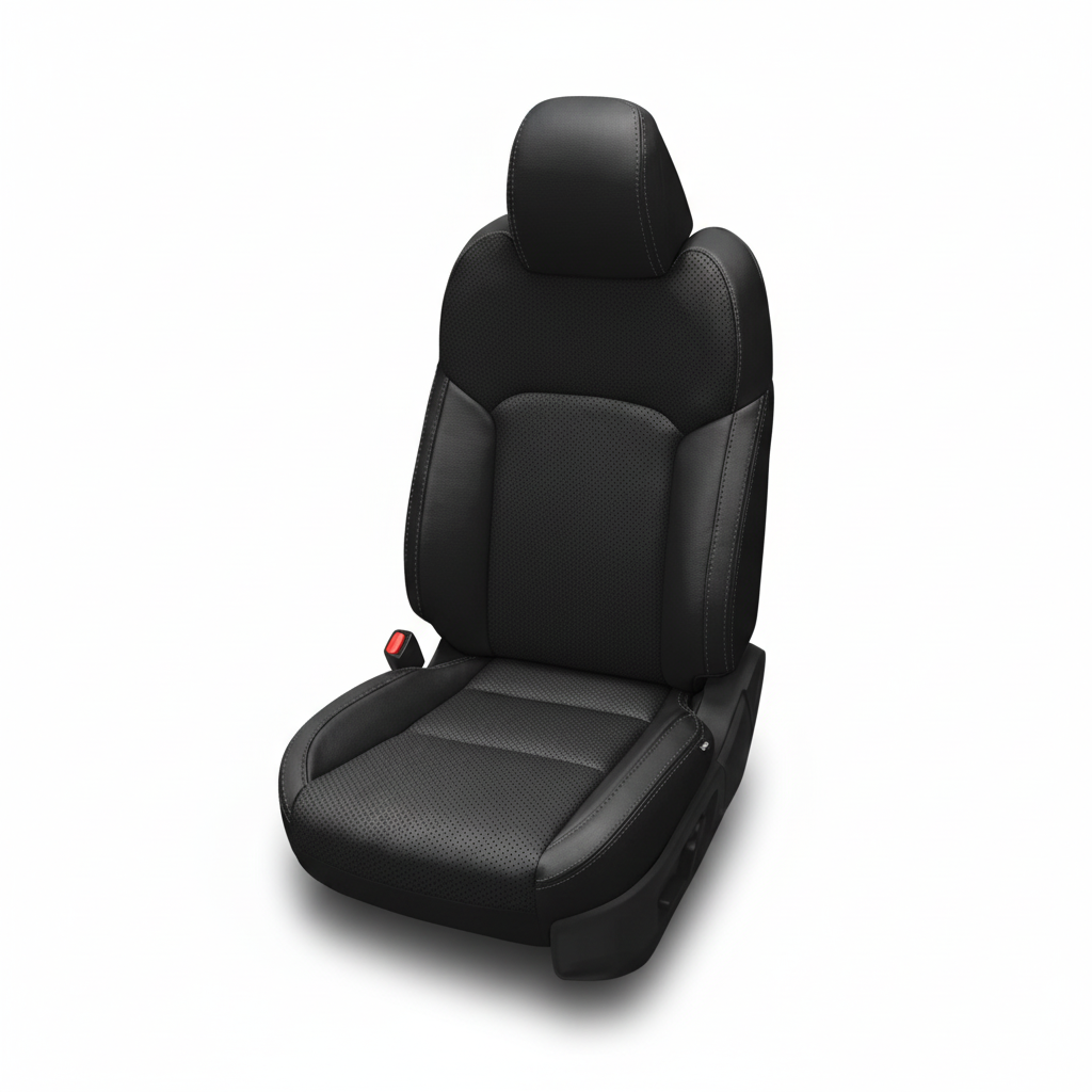 Black leather car seat with perforated center and contrast stitching on a white background.
