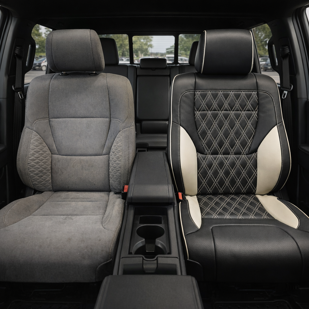 Before-and-after front in-cabin view of a 2022–2026 Toyota Tundra split side-by-side: the left front seat shows the factory gray cloth upholstery, while the right front seat shows the upgraded Leatherteck leather upholstery kit in Black and Pearl White with double diamond-stitched insert panels, black leather bolsters, pearl white side accents, light contrast stitching, and matching piping, with the center console, cupholders, armrest, rear bench seat, headrests, rear window, and red seatbelt buckles visibl