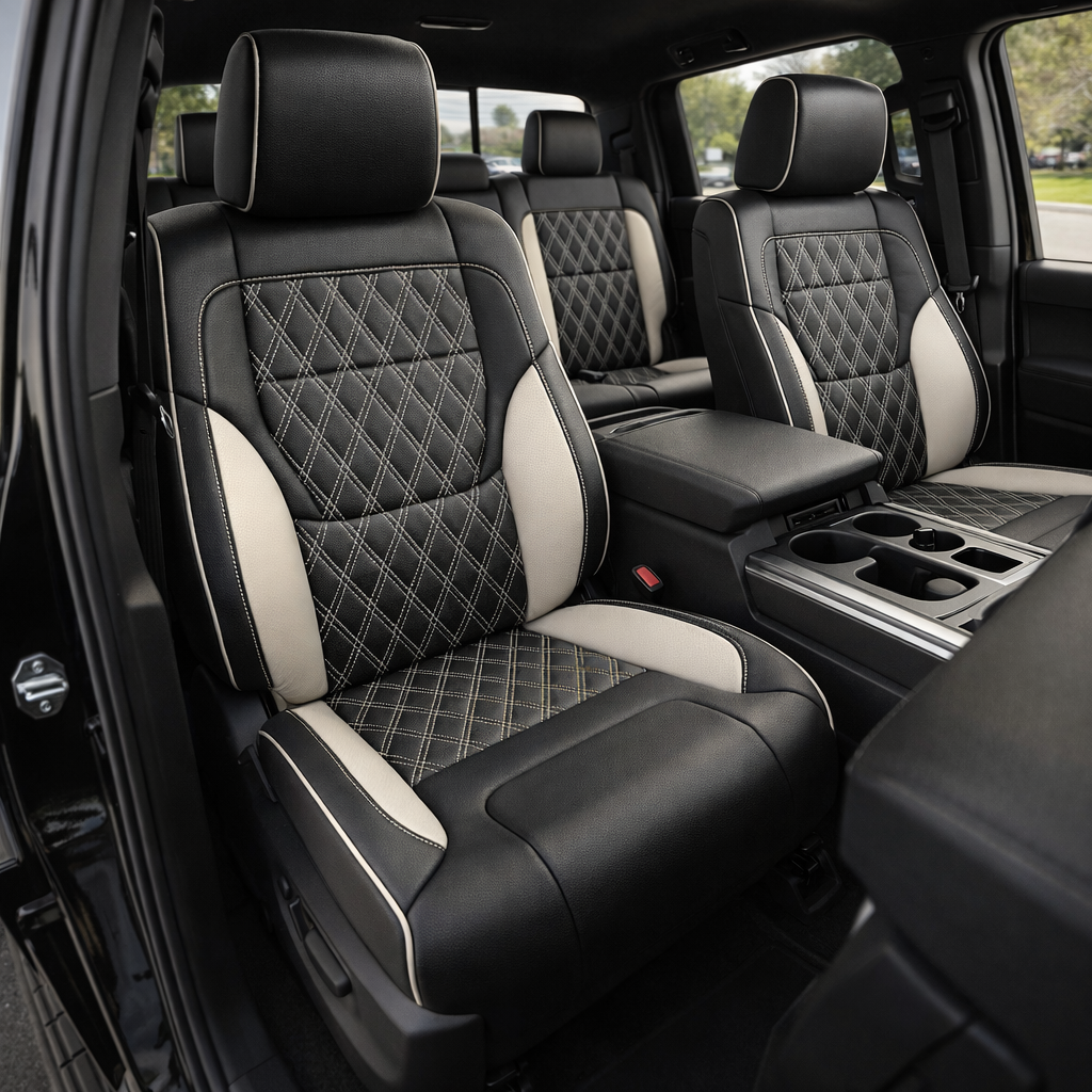 Front in-cabin view of a 2022–2026 Toyota Tundra with an installed Leatherteck leather upholstery kit in Black and Pearl White with double diamond-stitched insert panels, featuring front bucket seats, matching black headrests with pearl piping, black leather bolsters, pearl white side accent panels, light contrast stitching, and diamond-pattern seatback and cushion inserts, shown through the open driver-side door with the center console, armrest, cupholders, rear bench seat, door trim, and black interior vi