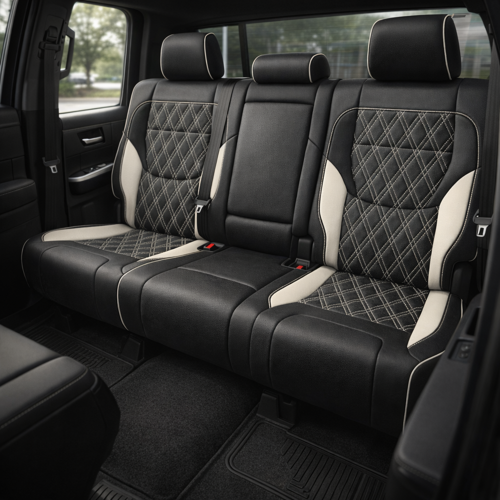 Rear in-cabin view of a 2022–2026 Toyota Tundra with an installed Leatherteck leather upholstery kit in Black and Pearl White with double diamond-stitched insert panels, featuring a rear bench seat, three black headrests with pearl piping, black leather bolsters, pearl white side accent panels, light contrast stitching, and diamond-pattern seatback and cushion inserts, shown with seatbelts, red seatbelt buckles, rear door trim, rear window, black floor mats, and dark interior trim visible.