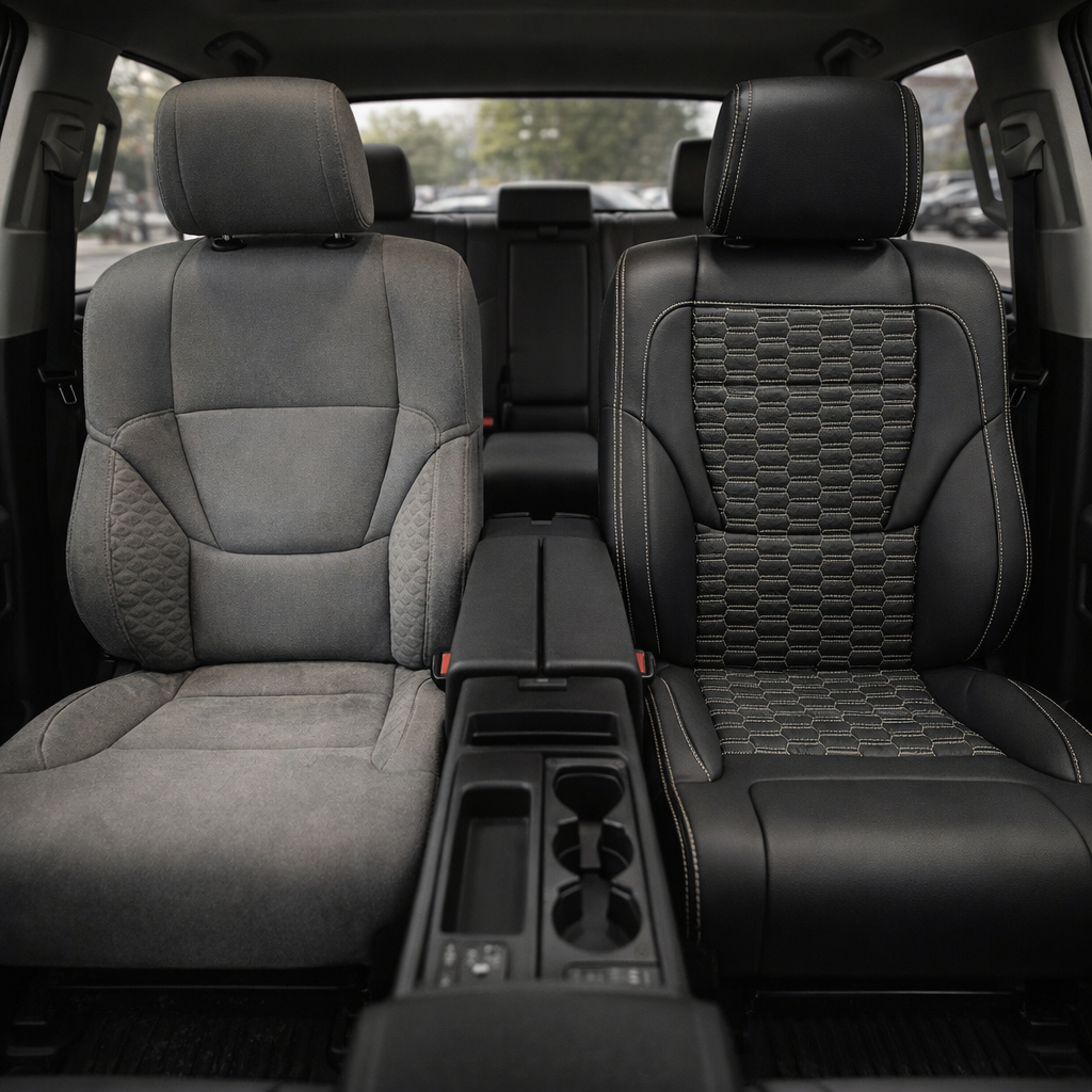 Before-and-after front in-cabin view of a 2022–2026 Toyota Tundra split by front seats: the left front seat shows the original factory gray cloth upholstery, while the right front seat shows the upgraded Leatherteck leather upholstery kit in black with Bone hex-stitch center inserts, Bone contrast stitching, and black leather bolsters, with the center console, cupholders, rear bench seat, headrests, seatbelts, rear window, and black floor mats visible.
