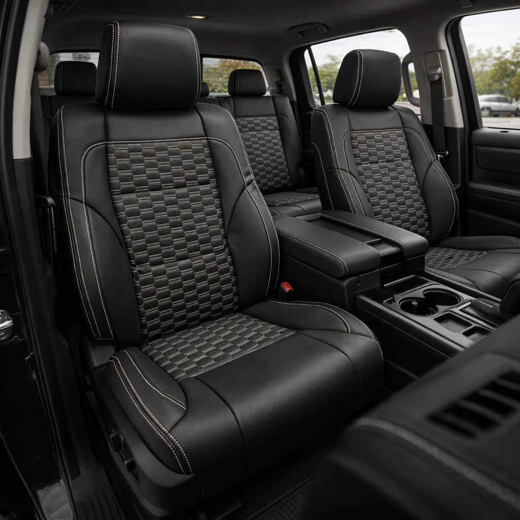 Front in-cabin view of a 2022–2026 Toyota Tundra with an installed Leatherteck leather upholstery kit in black, featuring Bone hex-stitch center inserts, Bone contrast stitching, black leather bolsters, and matching black headrests, shown from the open driver-side door with the front bucket seats, center console/armrest, cupholders, rear seating area, door panel, and black floor mat visible.