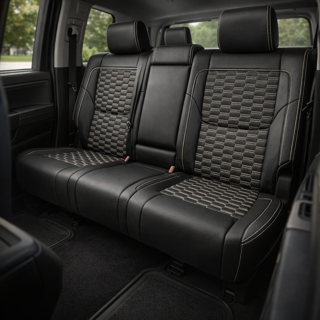  Rear in-cabin view of a 2022–2026 Toyota Tundra with an installed Leatherteck leather upholstery kit in black with Bone hex-stitch inserts, featuring a rear bench seat with black leather bolsters, perforated black center inserts, Bone hexagon stitching, Bone contrast stitching, and matching black headrests, shown through the open rear door with the rear door panel, seatbelts, buckles, window, black carpet, and floor mats visible.