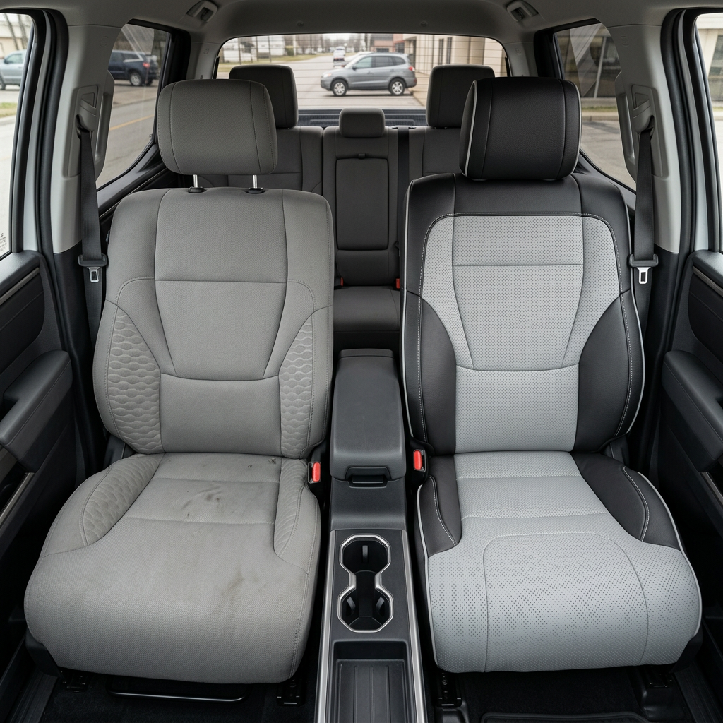 Before-and-after front in-cabin view of a 2022–2026 Toyota Tundra showing the original factory gray cloth upholstery on the left front seat and the upgraded Leatherteck leather upholstery kit on the right front seat in black with Cement Gray accents, featuring black leather bolsters, Cement Gray perforated center panels, Cement Gray seat cushion inserts, white contrast stitching, and a black headrest, with the center console, cupholders, armrest, rear bench seat, rear window, seatbelts, red seatbelt buckles