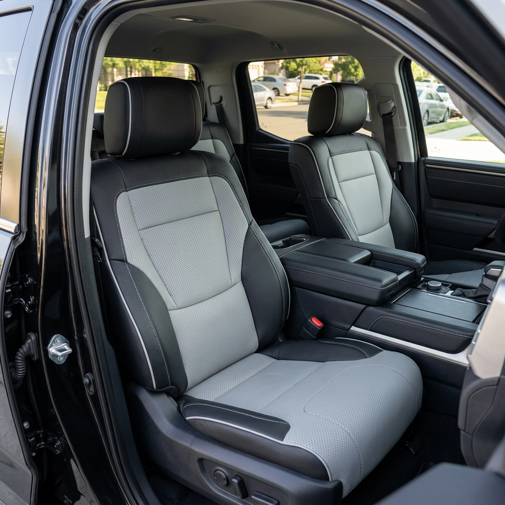 Front in-cabin view of a 2022–2026 Toyota Tundra with an installed Leatherteck leather upholstery kit in black with Cement Gray accents, featuring black leather bolsters, Cement Gray perforated center panels, Cement Gray perforated seat cushion inserts, white contrast stitching, and black headrests with light accent piping, shown from the open driver-side door with the front bucket seats, center console, armrest, cupholders, gear selector, door panel, seatbelt buckle, windows, and black carpet visible.