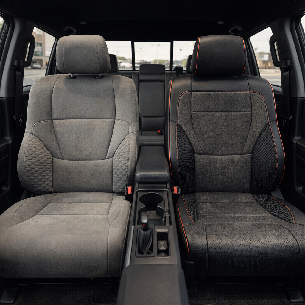 Before-and-after front in-cabin view of a 2022–2026 Toyota Tundra showing the original gray cloth upholstery on the left front seat and the upgraded Leatherteck leather upholstery kit on the right front seat in black with Dark Slate suede inserts, carbon fiber accent panels, and red piping, featuring black leather bolsters, Dark Slate suede center panels, carbon fiber-textured side accents, red contrast piping and stitching, a matching black headrest, with the center console, cupholders, gear shifter, rear 