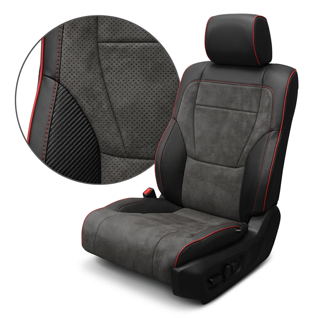 Close-up product image of a 2022–2026 Toyota Tundra Leatherteck leather upholstery kit in black with Dark Slate perforated suede inserts, carbon fiber-style accent panels, and red piping, shown on a white background with a circular zoom inset highlighting the suede perforation pattern, carbon fiber texture, red double-stitched seam detail, and red edge piping.