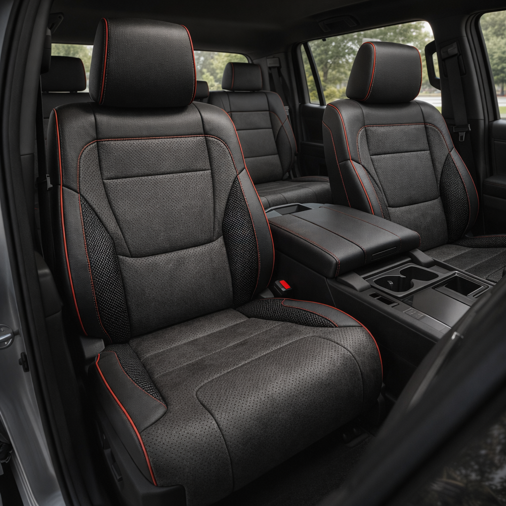 Front in-cabin view of a 2022–2026 Toyota Tundra with an installed Leatherteck leather upholstery kit in black with Dark Slate suede inserts, carbon fiber-style accent panels, and red piping, featuring black leather bolsters, perforated dark slate center inserts, textured carbon fiber side accents, red contrast piping and stitching, matching black headrests, and coordinated rear seating, shown from the open driver-side door with the center console, armrest, cupholders, door panel, seatbelt buckle, windows, 