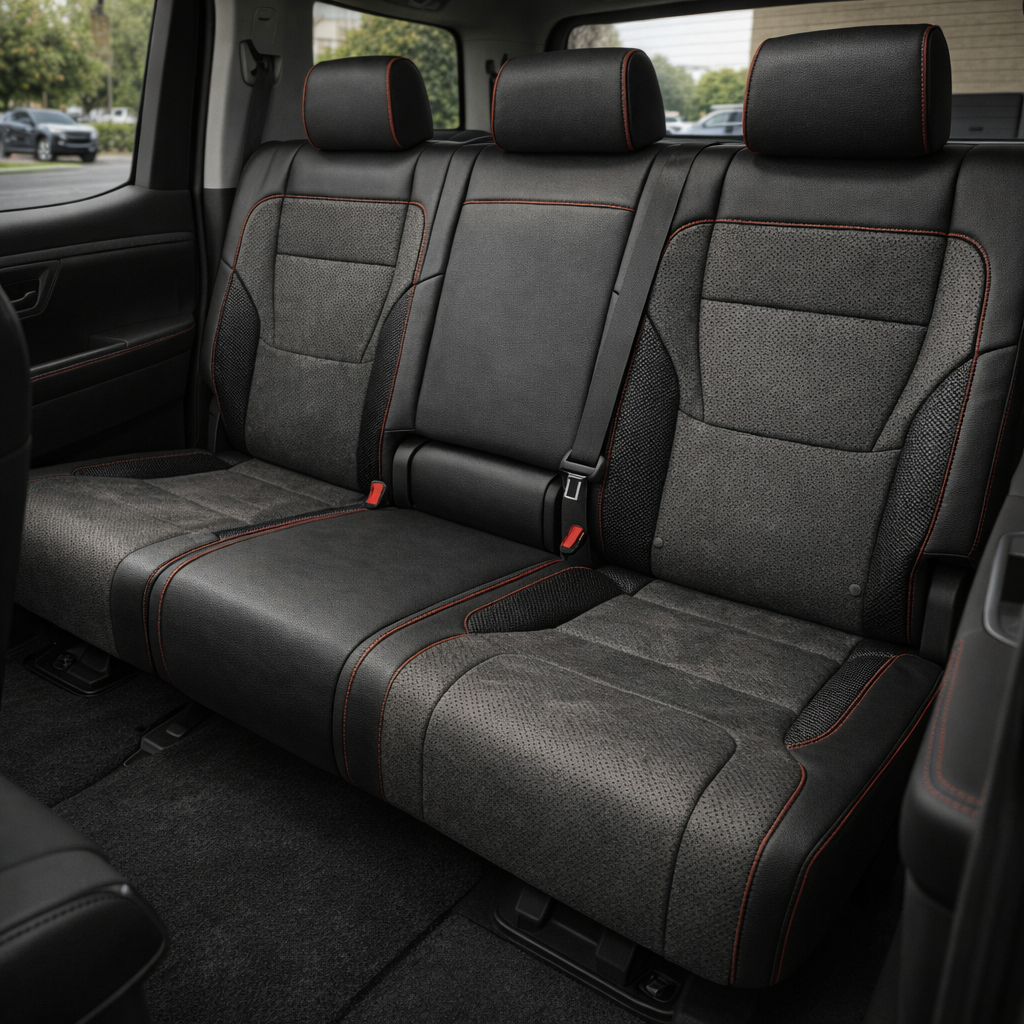  Rear in-cabin view of a 2022–2026 Toyota Tundra with an installed Leatherteck leather upholstery kit in black with Dark Slate suede inserts, carbon fiber-style accent panels, and red piping, featuring a rear bench seat with black leather bolsters, Dark Slate perforated suede center inserts, textured carbon fiber-style side accents, red contrast piping and stitching, and matching black headrests, shown through the open rear door with seatbelts, red seatbelt buckles, rear door panel, rear window, black carpe