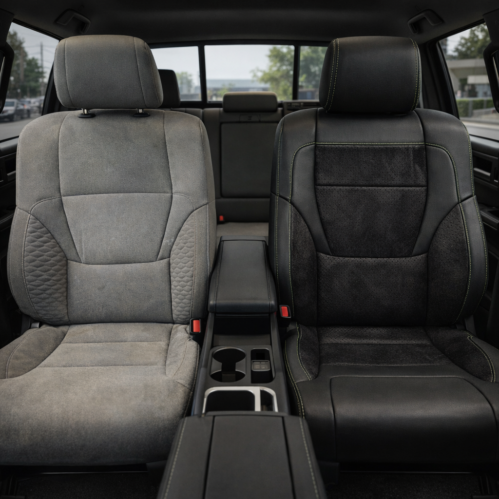 Before-and-after front in-cabin view of a 2022–2026 Toyota Tundra split by the front seats: the left front seat shows the original factory gray cloth upholstery, while the right front seat shows the upgraded Leatherteck leather upholstery kit in black with Evergreen contrast stitching, black perforated center inserts, and black leather bolsters, with the center console, cupholders, armrest, rear bench seat, headrests, rear window, seatbelt buckles, and black floor area visible.