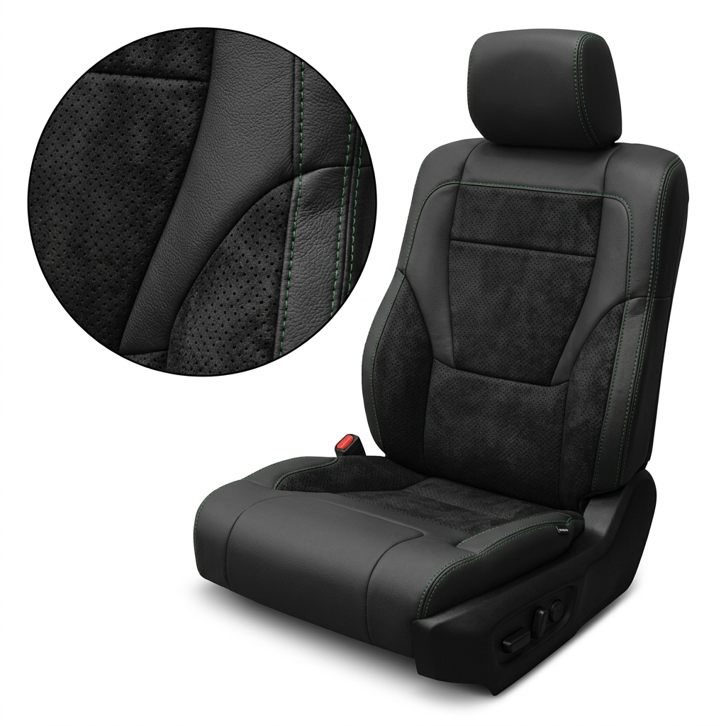  Close-up product image of a 2022–2026 Toyota Tundra Leatherteck leather upholstery kit in black with Evergreen contrast stitching, featuring black perforated center inserts, black leather bolsters, and green double-stitched seam accents, shown on a white background with a circular zoom inset highlighting the perforation pattern, leather grain, and Evergreen stitch detail.

