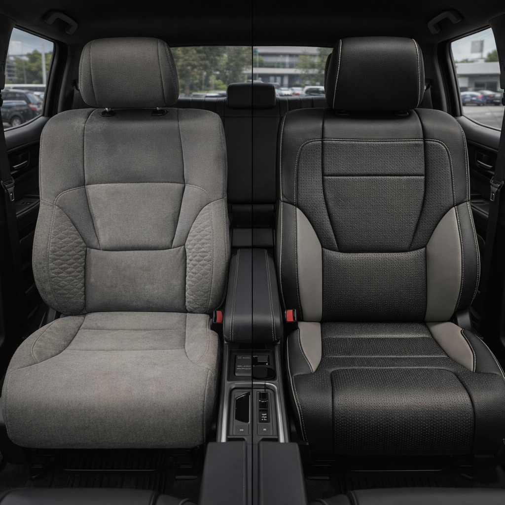 Before-and-after front in-cabin view of a 2022–2026 Toyota Tundra split down the center: the left front seat shows the original factory gray cloth upholstery, while the right front seat shows the upgraded Leatherteck leather upholstery kit in black with Flint and Ash accent panels, featuring black leather bolsters, textured black center inserts, gray side accents, light contrast stitching, and a matching black leather headrest, with the center console, cupholders, rear seat, windows, seatbelts, and black fl