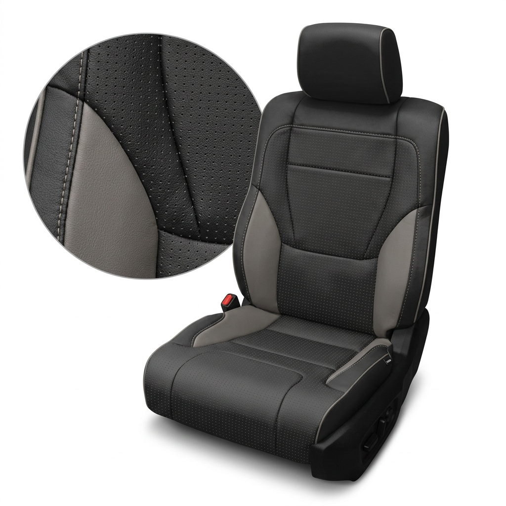 Close-up product image of a 2022–2026 Toyota Tundra Leatherteck leather upholstery kit in black with Flint and Ash accents, featuring black perforated center inserts, Flint and Ash side accent panels, light contrast stitching, and a matching black headrest, shown on a white background with a circular zoom inset highlighting the leather grain, perforation pattern, accent panel texture, and double-stitched seam detail.

