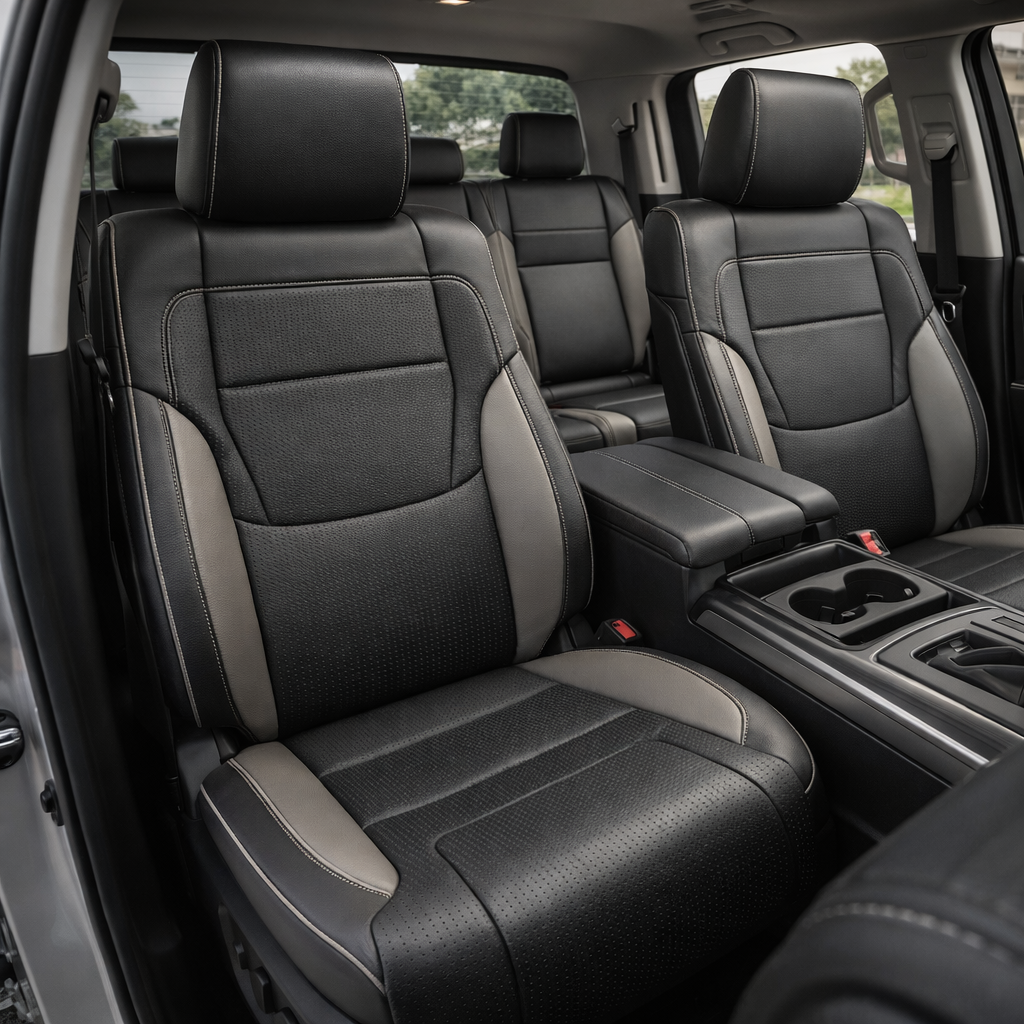 Front in-cabin view of a 2022–2026 Toyota Tundra with an installed Leatherteck leather upholstery kit in black with Flint and Ash accents, featuring black leather front bucket seats, textured black center inserts, Flint and Ash side accent panels, light contrast stitching, and matching black headrests, shown from the open driver-side door with the center console/armrest, cupholders, gear shifter, rear bench seat, door panel, and black floor mat visible.