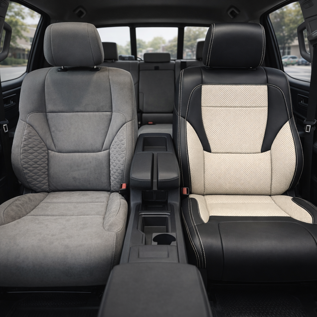 Before-and-after front in-cabin view of a 2022–2026 Toyota Tundra split by the front seats: the left seat shows the original factory gray cloth upholstery, while the right seat shows the upgraded Leatherteck leather upholstery kit in black with pearl white perforated center inserts, pearl white perforated accent panels, pearl white contrast stitching, and black bolsters, with the center console, cupholders, rear bench seat, headrests, door panels, windows, and black floor mats visible.

