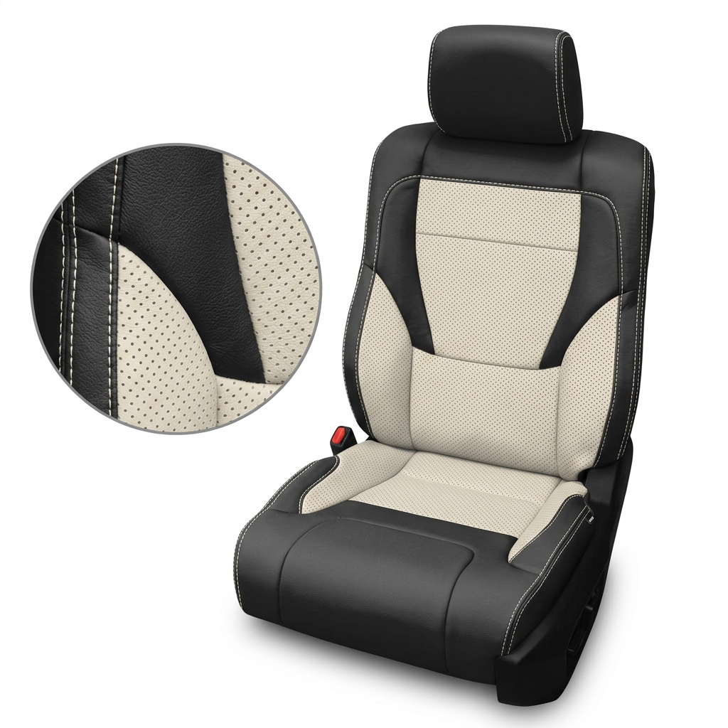 Close-up product image of a 2022–2026 Toyota Tundra Leatherteck leather upholstery kit in black with pearl white perforated center inserts, pearl white perforated accent panels, and pearl white contrast stitching, shown on a white background with a circular zoom inset highlighting the black leather grain, pearl white perforation pattern, and double-stitched seam detail.