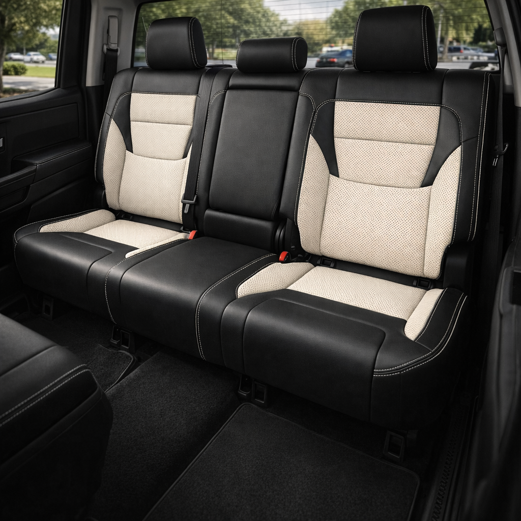  Rear in-cabin view of a 2022–2026 Toyota Tundra with an installed Leatherteck leather upholstery kit in black with Pearl White perforated inserts, featuring a rear bench seat with black leather bolsters, Pearl White perforated center panels and seat inserts, Pearl White contrast stitching, and three black headrests, shown through the open rear door with seatbelts, red seatbelt buckles, rear window, black carpet, floor mats, and front seatback edge visible.