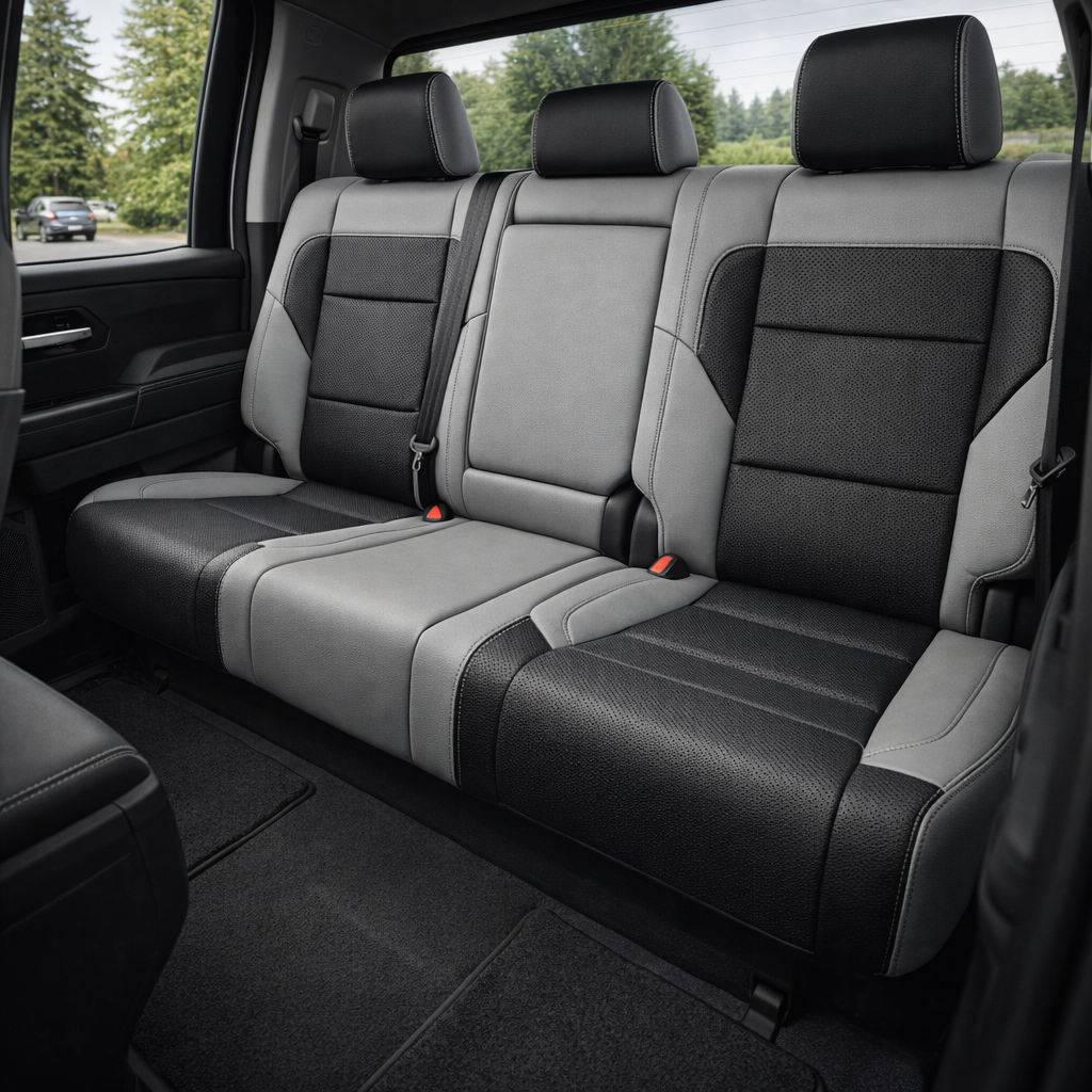 Rear in-cabin view of a 2022–2026 Toyota Tundra with an installed Leatherteck leather upholstery kit in Cement Gray with black inserts, featuring a rear bench seat with black perforated center panels, black seat cushion inserts, Cement Gray bolsters, black headrest faces, and gray contrast stitching, shown through the open rear door with seatbelts, red seatbelt buckles, rear door panel, rear window, black carpet, and floor mats visible.