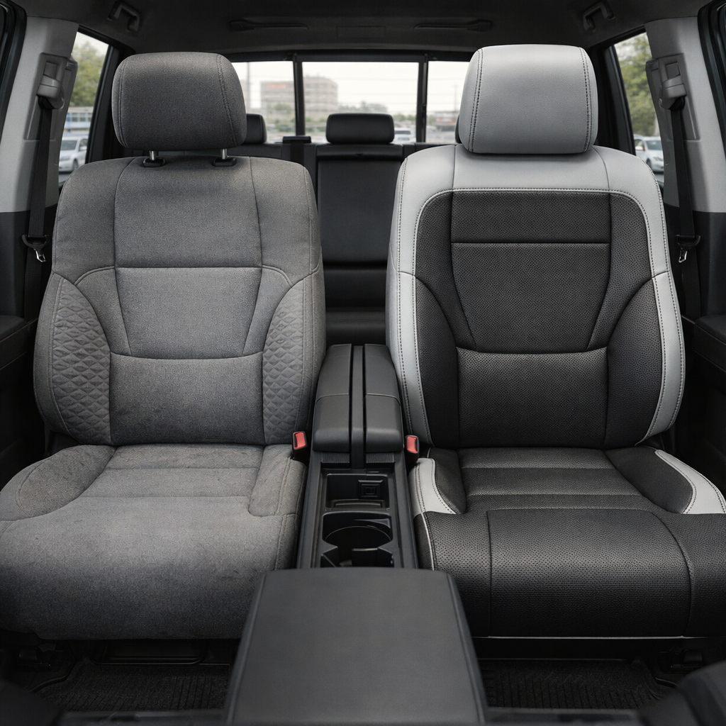 Before-and-after front in-cabin view of a 2022–2026 Toyota Tundra split by the front seats: the left front seat shows the original factory gray cloth upholstery, while the right front seat shows the upgraded Leatherteck leather upholstery kit in Cement Gray with black perforated center inserts, featuring gray leather bolsters, black perforated seatback and cushion panels, dark contrast stitching, and a matching gray leather headrest, with the center console, gear shifter, cupholders, rear bench seat, rear w