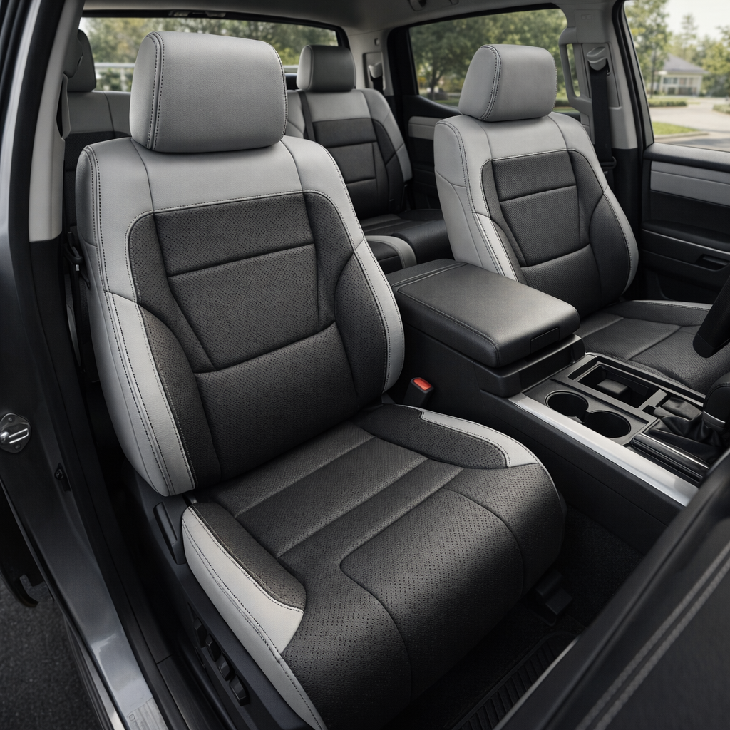 Front in-cabin view of a 2022–2026 Toyota Tundra with an installed Leatherteck leather upholstery kit in Cement Gray with black perforated inserts, featuring Cement Gray leather bolsters, black perforated seatback and cushion center panels, dark contrast stitching, and matching Cement Gray headrests, shown from the open driver-side door with the front bucket seats, center console/armrest, cupholders, gear shifter, rear bench seat, door panel, and black floor mat visible.