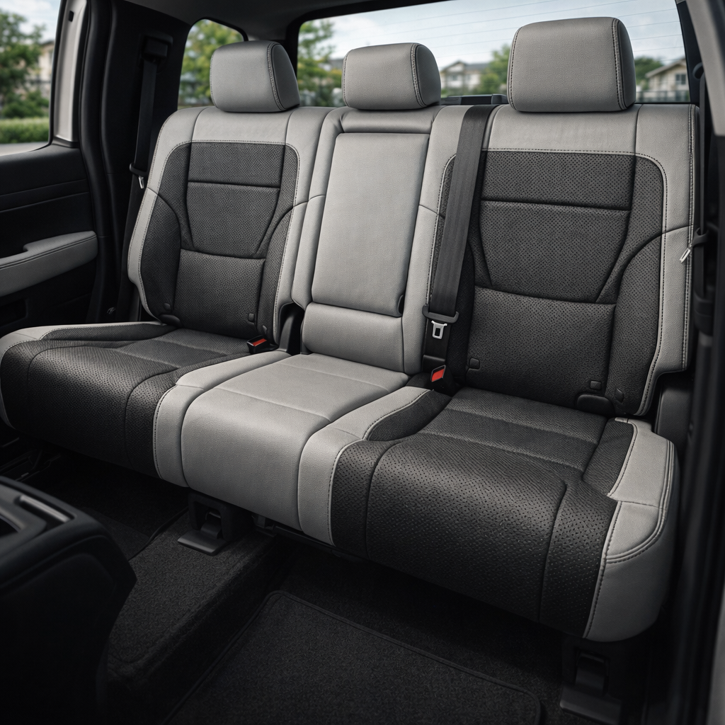 Rear in-cabin view of a 2022–2026 Toyota Tundra with an installed Leatherteck leather upholstery kit in Cement Gray with black perforated inserts, featuring a rear bench seat with Cement Gray leather bolsters, black perforated seatback and cushion center panels, dark contrast stitching, and matching Cement Gray headrests, shown through the open rear door with seatbelts/buckles, rear door panel, front seatback edge, rear window, black carpet, and floor mats visible.