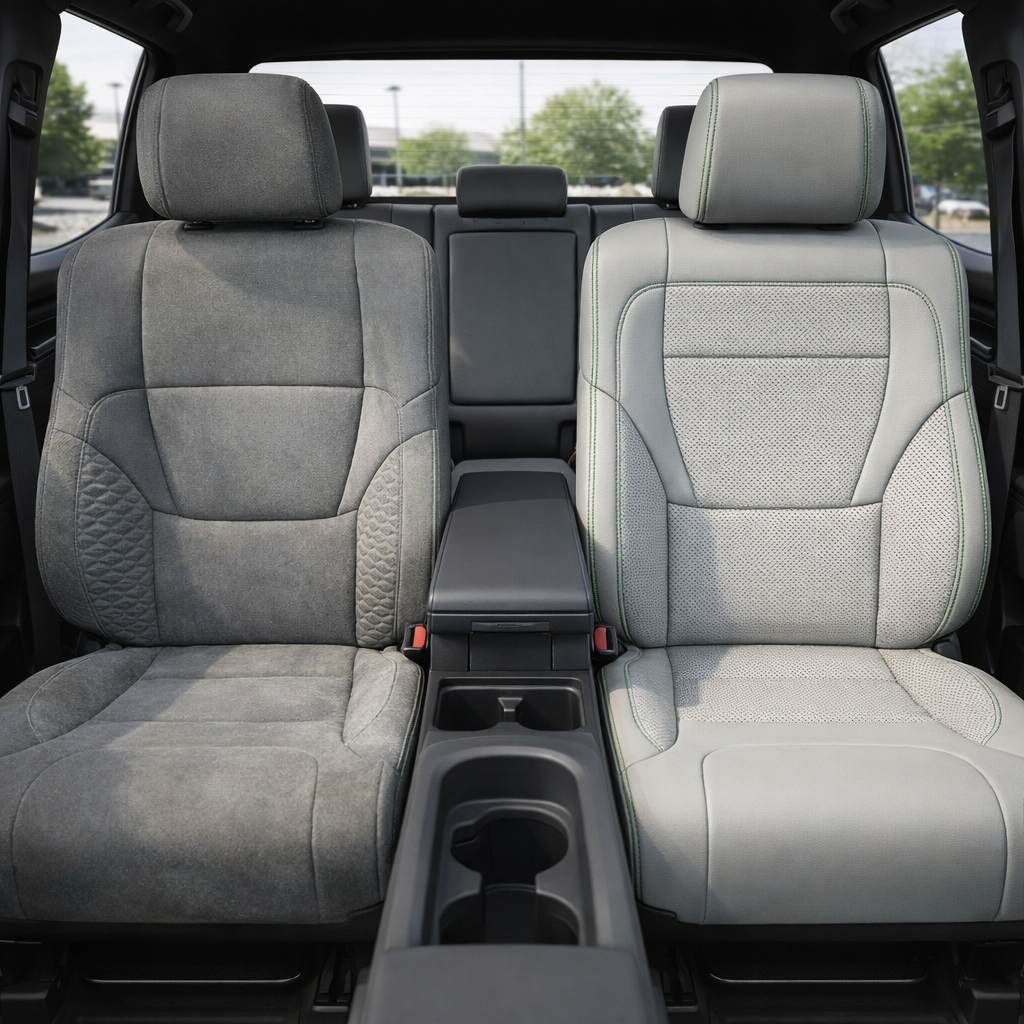  Before-and-after front in-cabin view of a 2022–2026 Toyota Tundra showing the original factory gray cloth upholstery on the left front seat and the upgraded Leatherteck leather upholstery kit on the right front seat in Cement Gray with Evergreen accents, featuring Cement Gray leather bolsters, perforated Cement Gray center inserts, Evergreen contrast stitching and accent piping, and a matching Cement Gray headrest, with the center console, cupholders, armrest, rear bench seat, rear window, seatbelt buckles