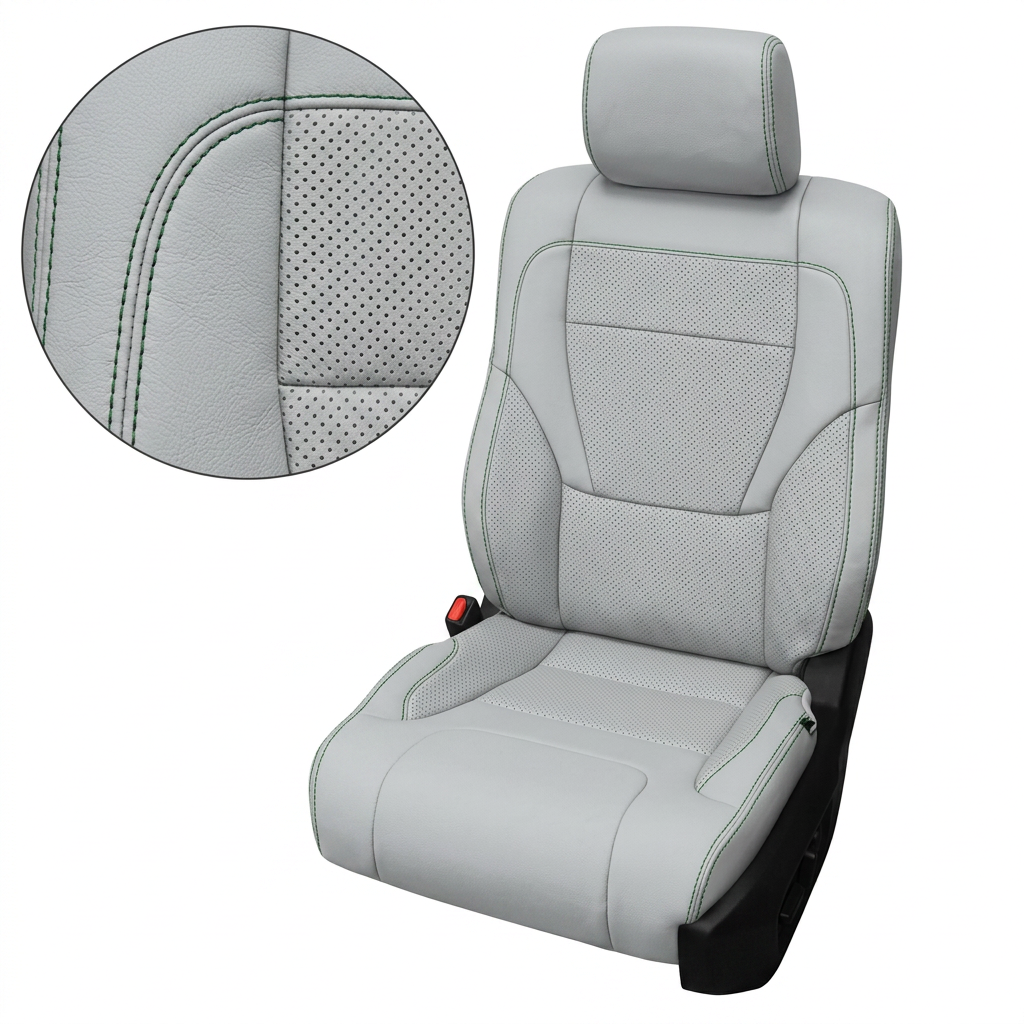  Close-up product image of a 2022–2026 Toyota Tundra Leatherteck leather upholstery kit in Cement Gray with Evergreen accents, featuring Cement Gray leather bolsters, perforated Cement Gray center inserts, perforated seat cushion panels, Evergreen contrast stitching, and Evergreen accent piping, shown on a white background with a circular zoom inset highlighting the leather grain, perforation pattern, and double-stitched Evergreen seam detail.