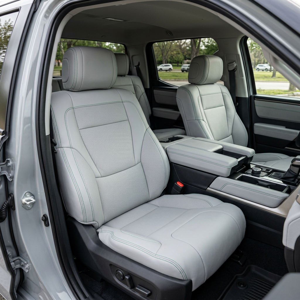 Front in-cabin view of a 2022–2026 Toyota Tundra with an installed Leatherteck leather upholstery kit in Cement Gray with Evergreen accents, featuring Cement Gray leather bolsters, perforated Cement Gray center inserts, Evergreen contrast stitching and accent piping, and matching Cement Gray headrests, shown from the open driver-side door with the front bucket seats, center console, armrest, cupholders, gear selector, door panel, red seatbelt buckle, black floor liner, and rear seating area visible.